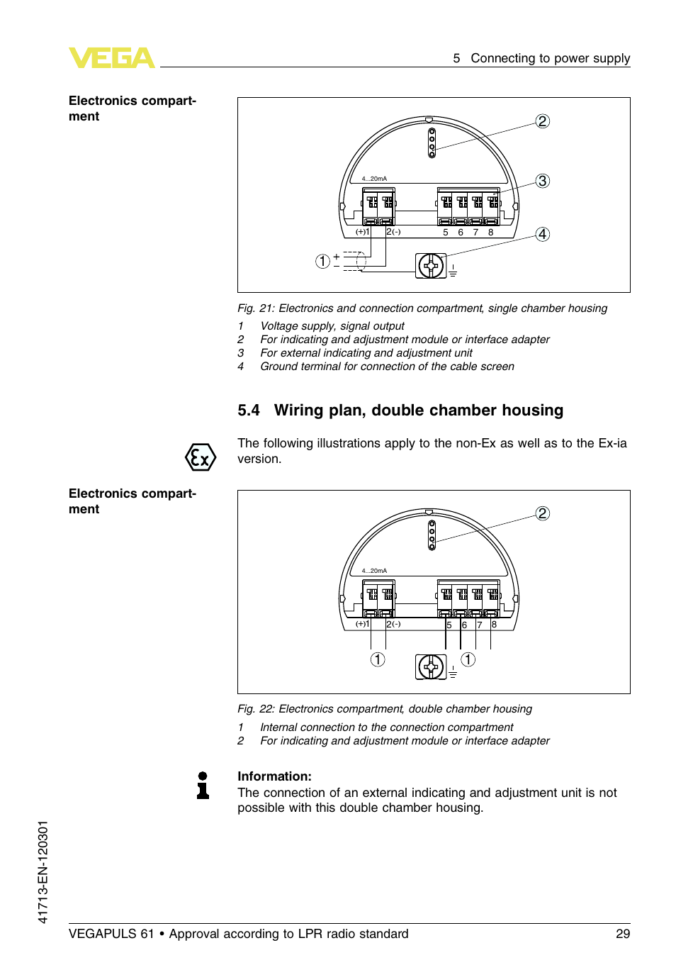 4 wiring plan, double chamber housing | VEGA VEGAPULS 61 (≥ 2.0.0 - ≥ 4.0.0) 4 … 20 mA_HART - two-wire Approval according to LPR radio standard User Manual | Page 29 / 88