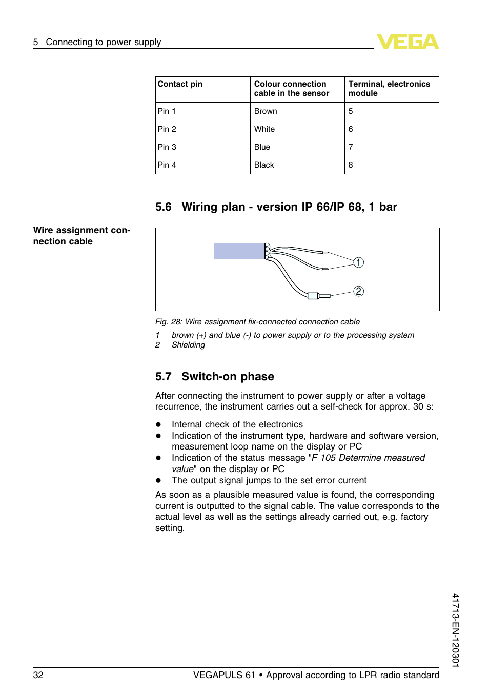 6 wiring plan – version ip66/ip68, 1bar, 7 switch–on phase, 7 switch-on phase | VEGA VEGAPULS 61 (≥ 2.0.0 - ≥ 4.0.0) 4 … 20 mA_HART - two-wire Approval according to LPR radio standard User Manual | Page 32 / 88