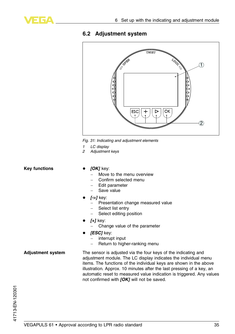 2 adjustment system | VEGA VEGAPULS 61 (≥ 2.0.0 - ≥ 4.0.0) 4 … 20 mA_HART - two-wire Approval according to LPR radio standard User Manual | Page 35 / 88