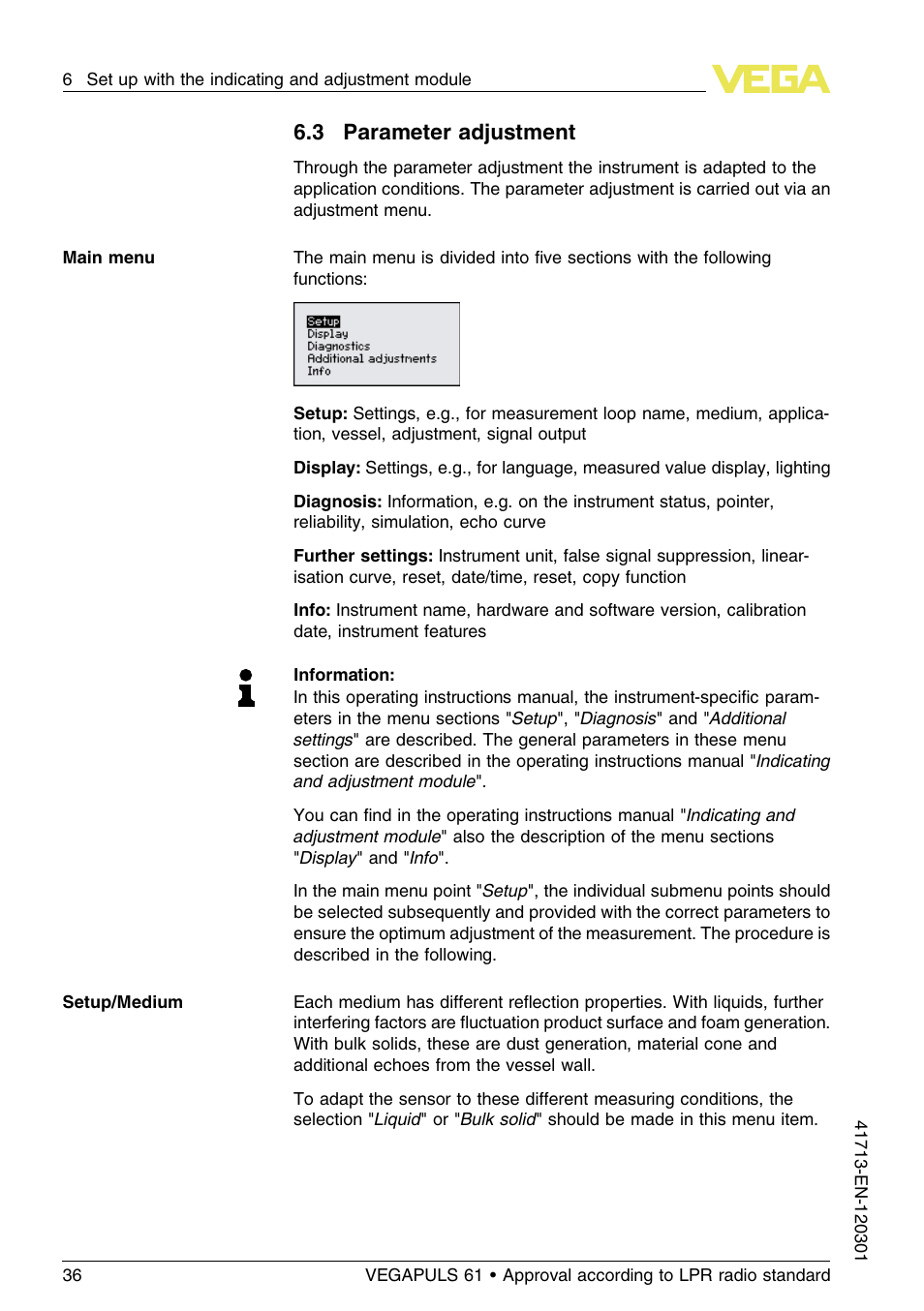 3 parameter adjustment | VEGA VEGAPULS 61 (≥ 2.0.0 - ≥ 4.0.0) 4 … 20 mA_HART - two-wire Approval according to LPR radio standard User Manual | Page 36 / 88