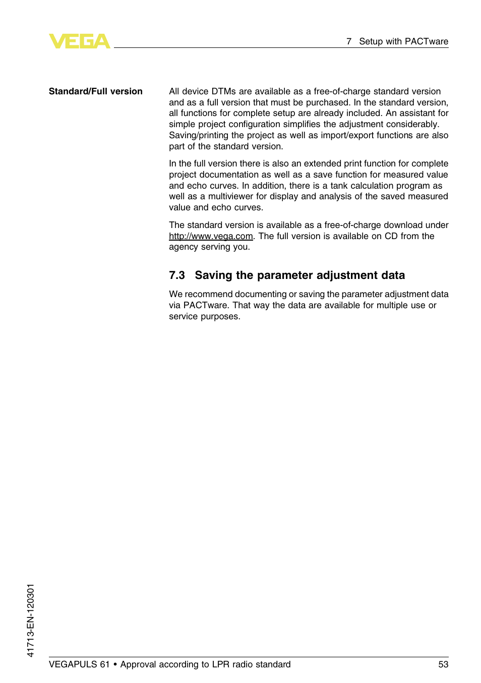 3 saving the parameter adjustment data | VEGA VEGAPULS 61 (≥ 2.0.0 - ≥ 4.0.0) 4 … 20 mA_HART - two-wire Approval according to LPR radio standard User Manual | Page 53 / 88