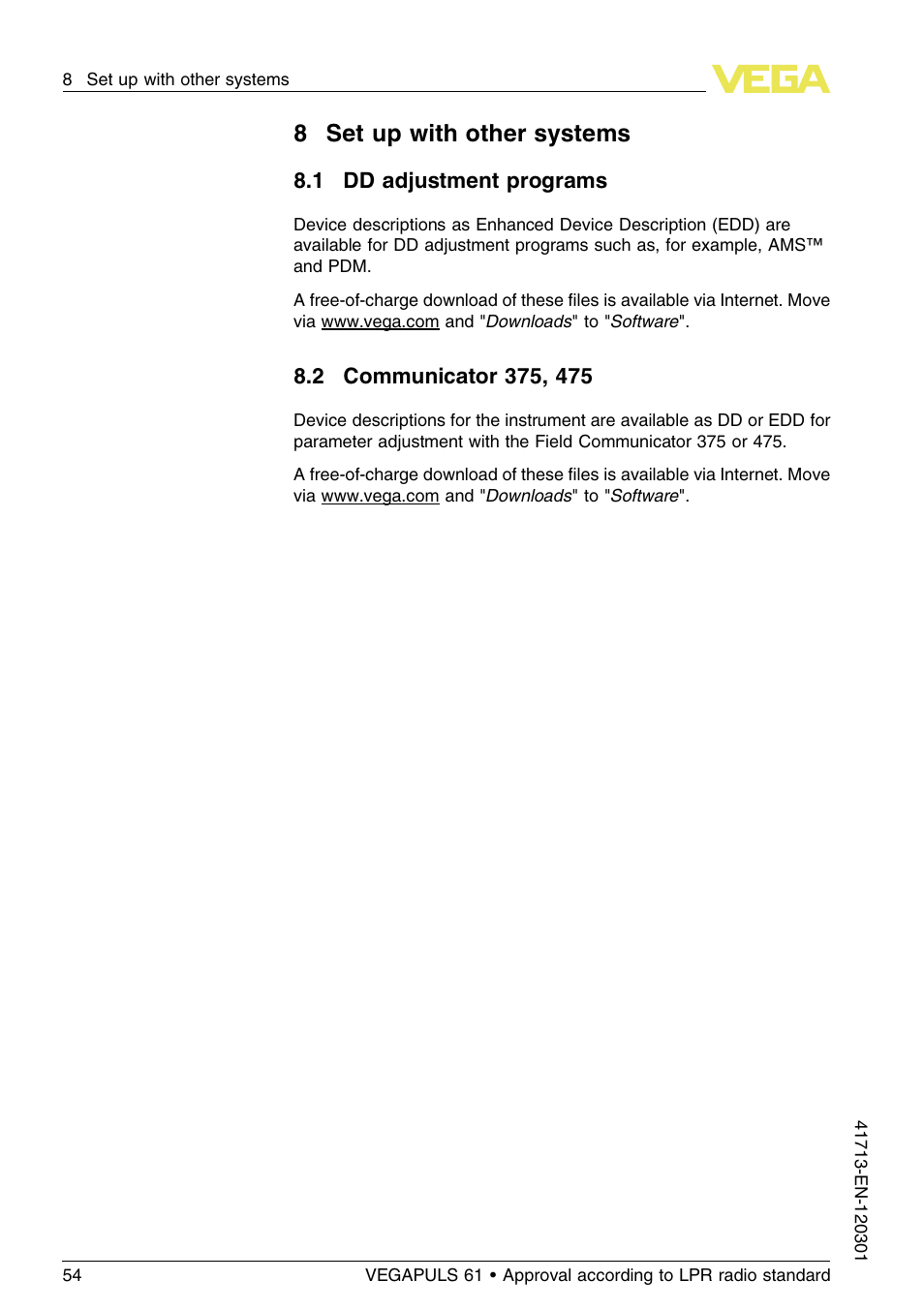 8 set up with other systems, 1 dd adjustment programs, 2 communicator 375, 475 | 8set up with other systems | VEGA VEGAPULS 61 (≥ 2.0.0 - ≥ 4.0.0) 4 … 20 mA_HART - two-wire Approval according to LPR radio standard User Manual | Page 54 / 88