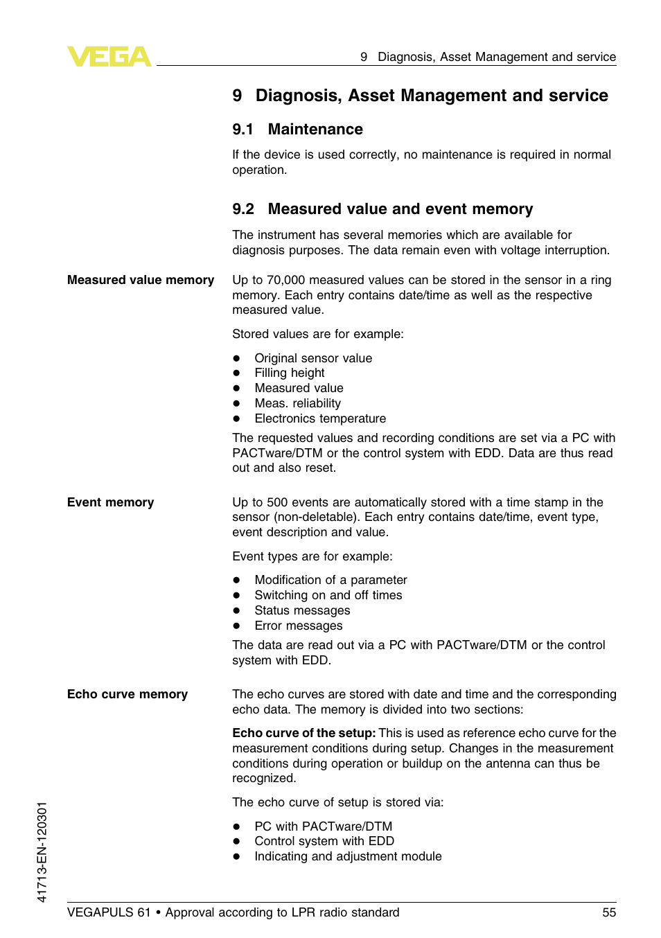 9 diagnosis, asset management and service, 1 maintenance, 2 measured value and event memory | 9diagnosis, asset management and service | VEGA VEGAPULS 61 (≥ 2.0.0 - ≥ 4.0.0) 4 … 20 mA_HART - two-wire Approval according to LPR radio standard User Manual | Page 55 / 88