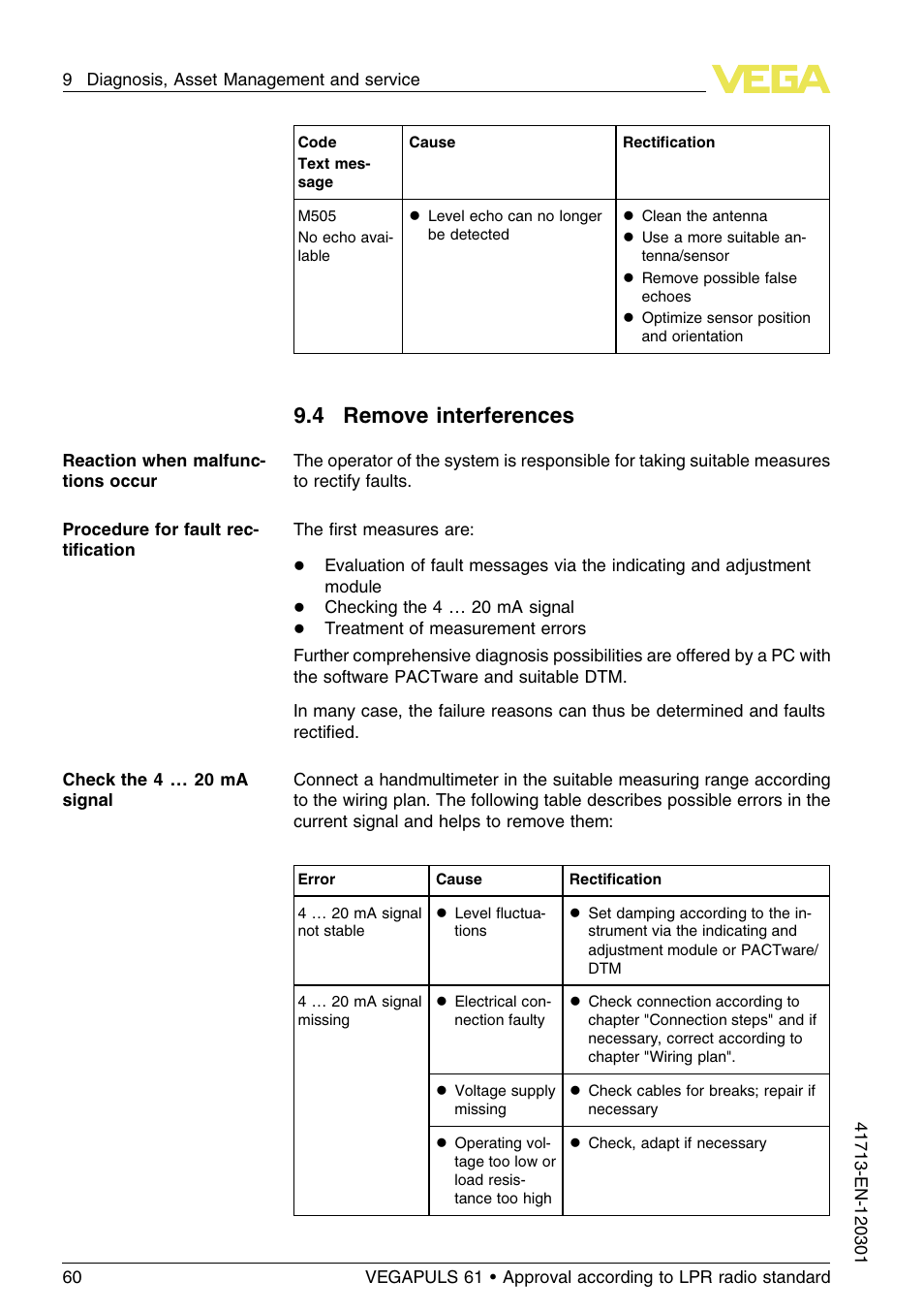 4 remove interferences | VEGA VEGAPULS 61 (≥ 2.0.0 - ≥ 4.0.0) 4 … 20 mA_HART - two-wire Approval according to LPR radio standard User Manual | Page 60 / 88