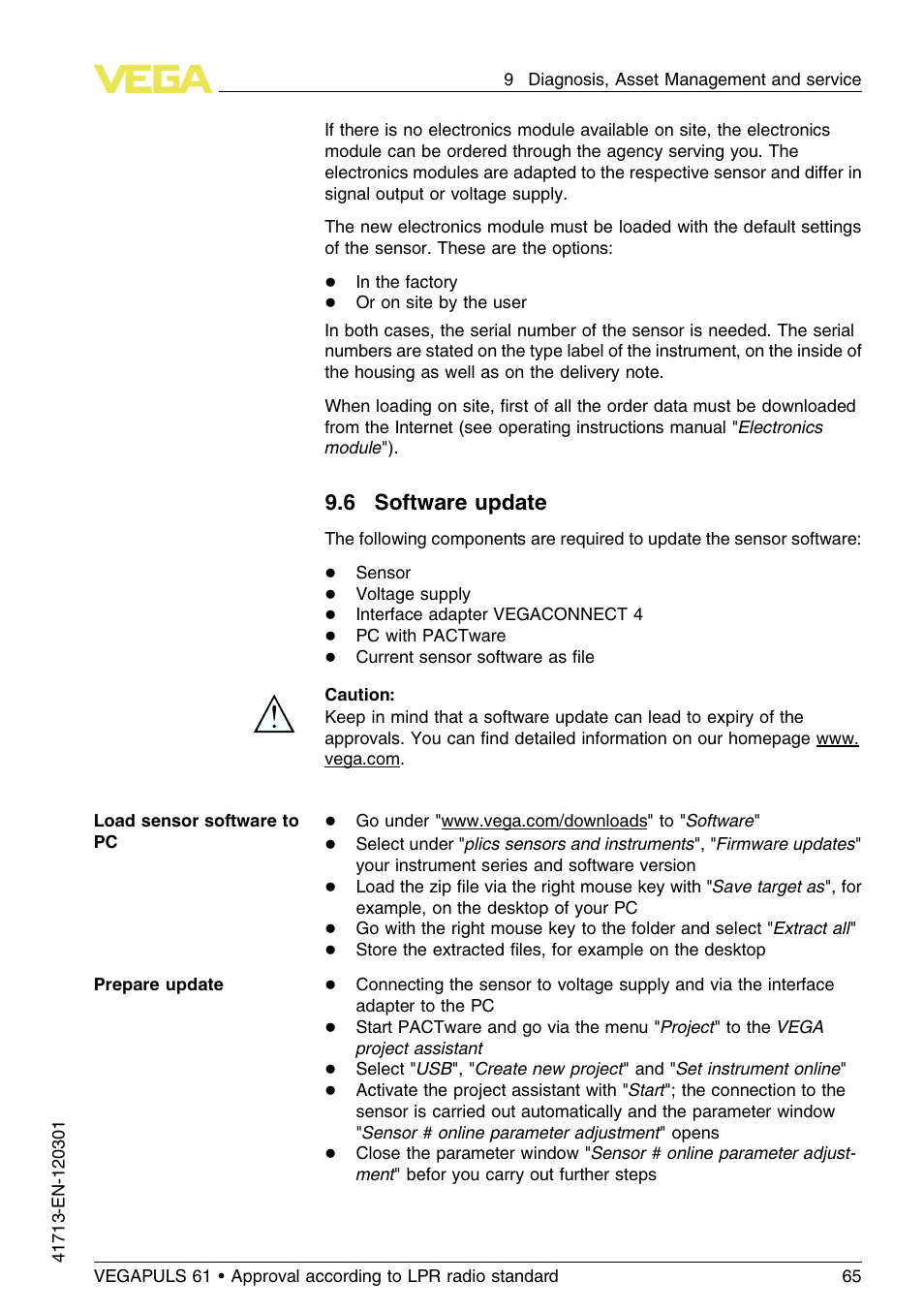 6 software update | VEGA VEGAPULS 61 (≥ 2.0.0 - ≥ 4.0.0) 4 … 20 mA_HART - two-wire Approval according to LPR radio standard User Manual | Page 65 / 88