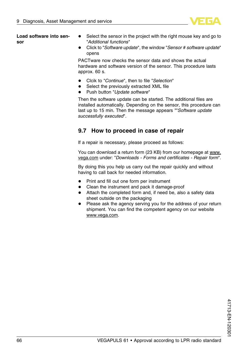7 how to proceed in case of repair | VEGA VEGAPULS 61 (≥ 2.0.0 - ≥ 4.0.0) 4 … 20 mA_HART - two-wire Approval according to LPR radio standard User Manual | Page 66 / 88