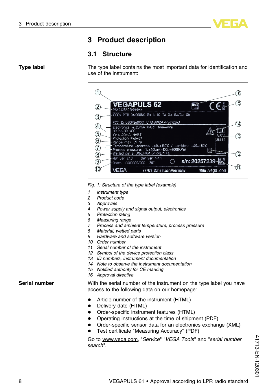 3 product description, 1 structure, 3product description | VEGA VEGAPULS 61 (≥ 2.0.0 - ≥ 4.0.0) 4 … 20 mA_HART - two-wire Approval according to LPR radio standard User Manual | Page 8 / 88