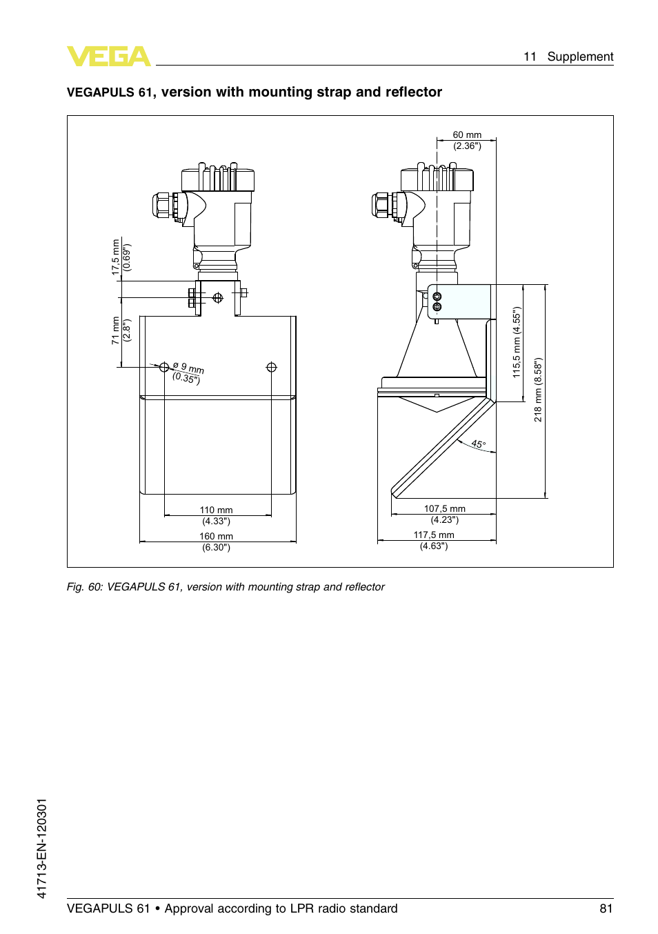 Version with mounting strap and reﬂector, Vegapuls 61 | VEGA VEGAPULS 61 (≥ 2.0.0 - ≥ 4.0.0) 4 … 20 mA_HART - two-wire Approval according to LPR radio standard User Manual | Page 81 / 88