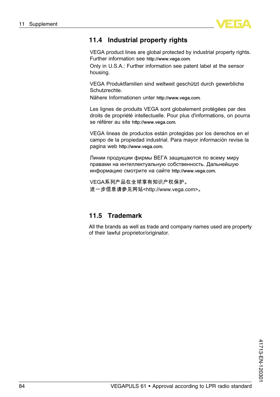 4 industrial property rights, 5 trademark, 11 .4 industrial property rights | 11 .5 trademark | VEGA VEGAPULS 61 (≥ 2.0.0 - ≥ 4.0.0) 4 … 20 mA_HART - two-wire Approval according to LPR radio standard User Manual | Page 84 / 88