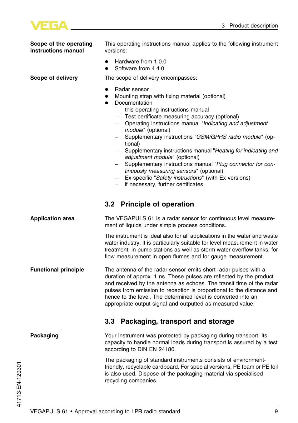 2 principle of operation, 3 packaging, transport and storage | VEGA VEGAPULS 61 (≥ 2.0.0 - ≥ 4.0.0) 4 … 20 mA_HART - two-wire Approval according to LPR radio standard User Manual | Page 9 / 88