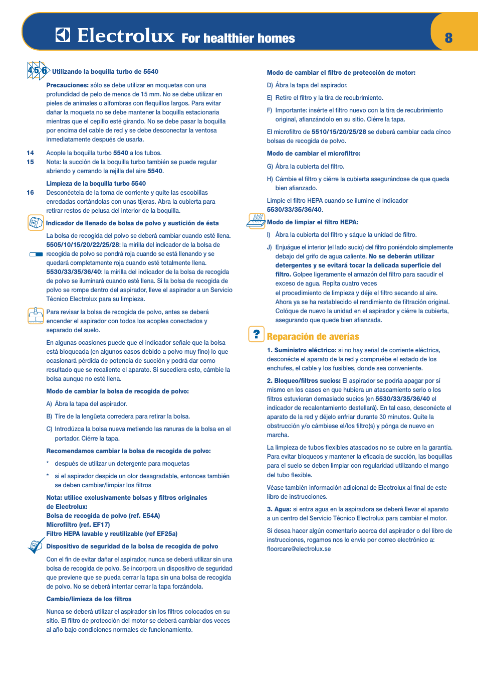 For healthier homes, Reparación de averías | Electrolux OXYGEN Z 5520 User Manual | Page 12 / 79