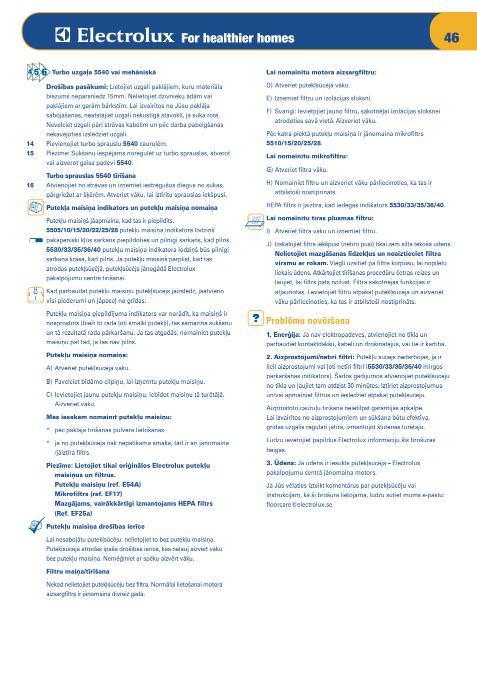 For healthier homes, Problïmu novïr‰ana | Electrolux OXYGEN Z 5520 User Manual | Page 50 / 79