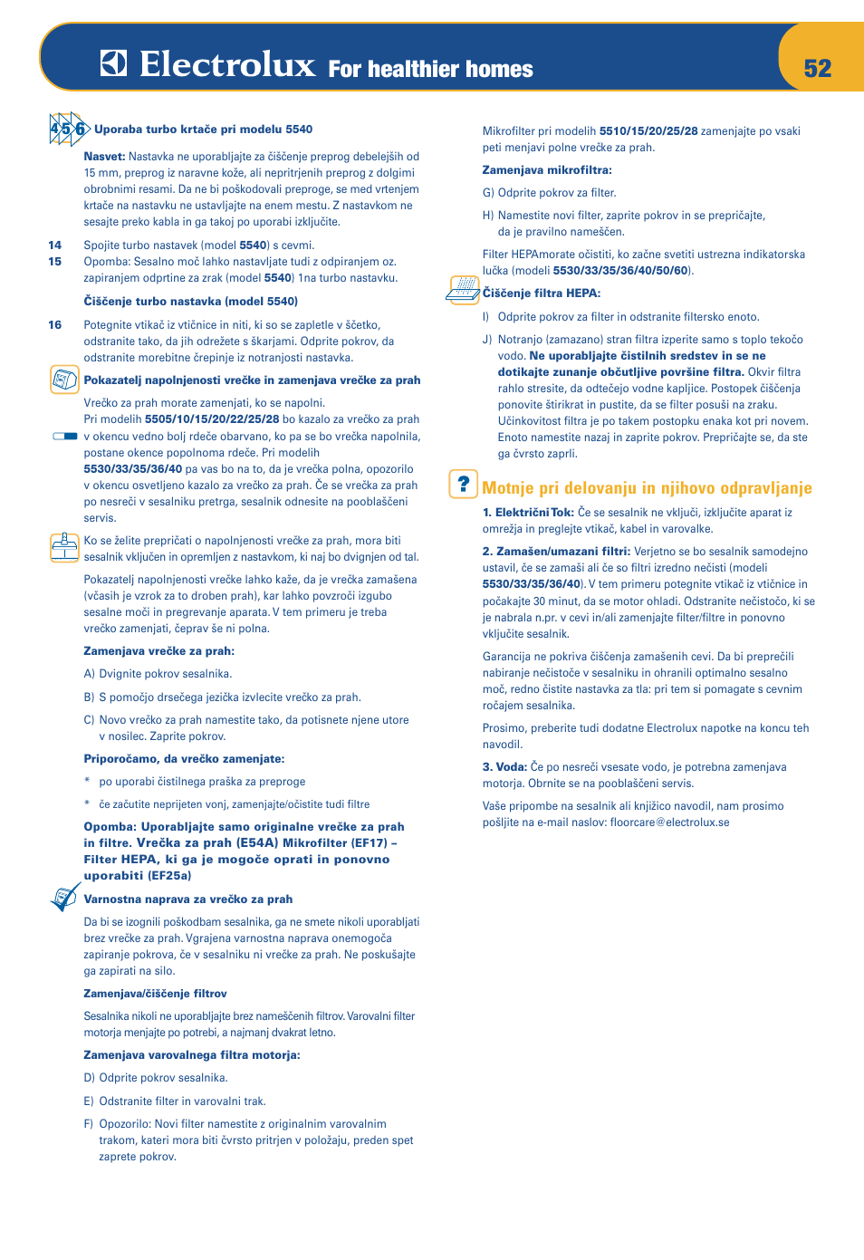 For healthier homes, Motnje pri delovanju in njihovo odpravljanje | Electrolux OXYGEN Z 5520 User Manual | Page 56 / 79