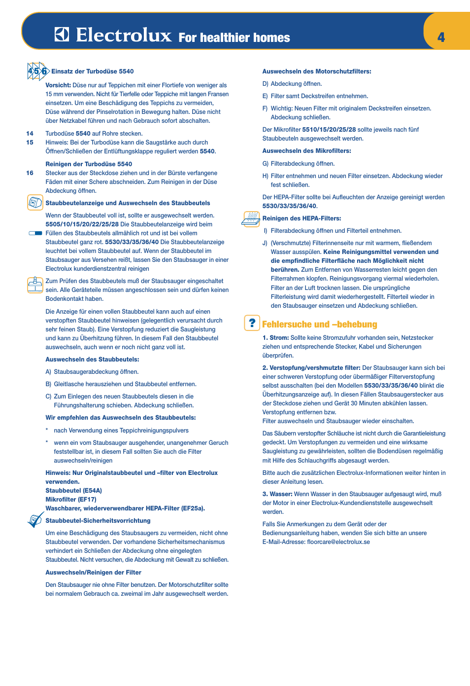 For healthier homes, Fehlersuche und –behebung | Electrolux OXYGEN Z 5520 User Manual | Page 8 / 79