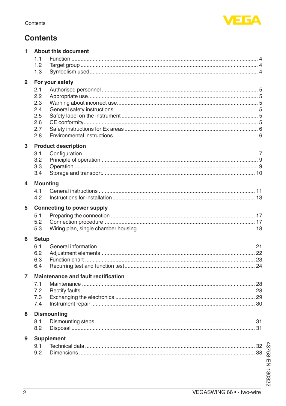 VEGA VEGASWING 66 - two-wire User Manual | Page 2 / 44