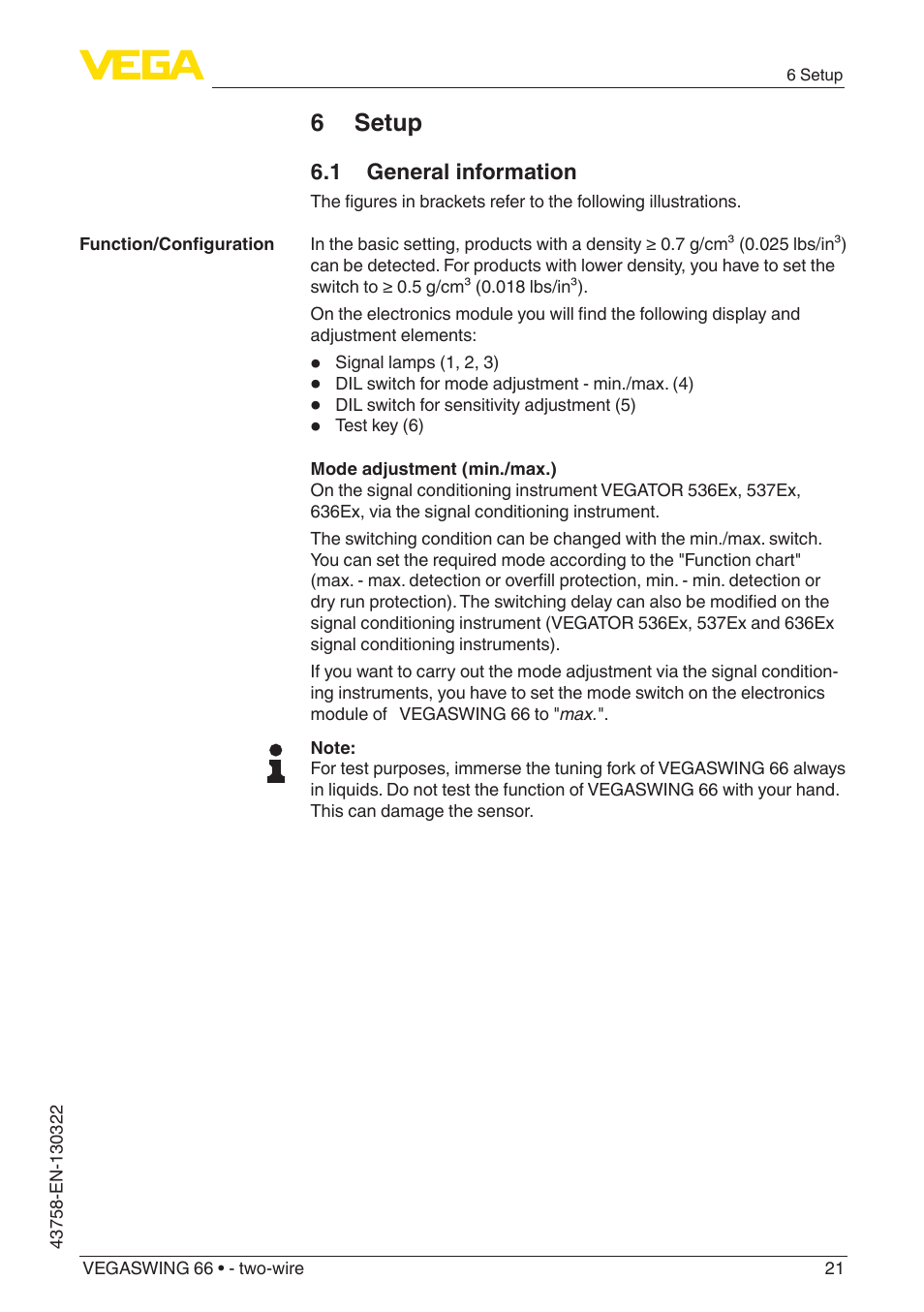 6 setup | VEGA VEGASWING 66 - two-wire User Manual | Page 21 / 44