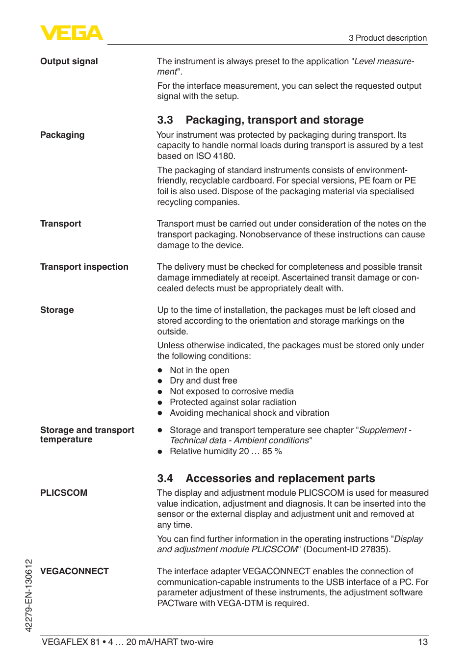 3 packaging, transport and storage, 4 accessories and replacement parts | VEGA VEGAFLEX 81 4 … 20 mA_HART two-wire Coax probe User Manual | Page 13 / 92