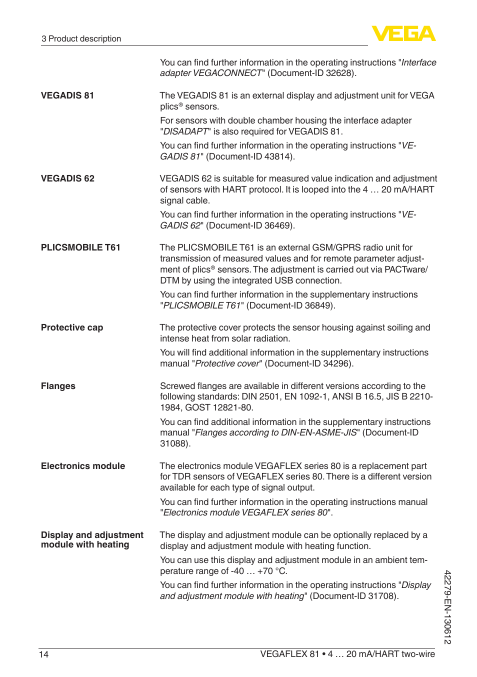 VEGA VEGAFLEX 81 4 … 20 mA_HART two-wire Coax probe User Manual | Page 14 / 92