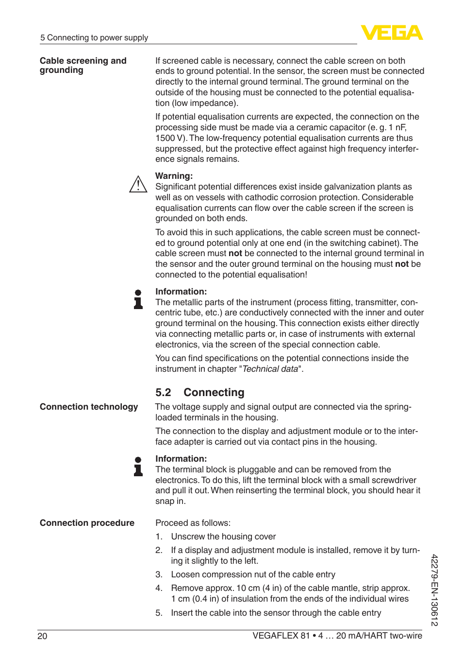 2 connecting | VEGA VEGAFLEX 81 4 … 20 mA_HART two-wire Coax probe User Manual | Page 20 / 92
