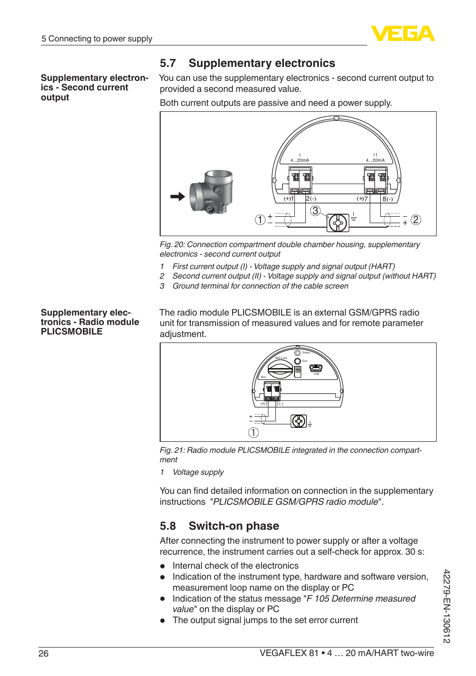 7 supplementary electronics, 8 switch-on phase | VEGA VEGAFLEX 81 4 … 20 mA_HART two-wire Coax probe User Manual | Page 26 / 92