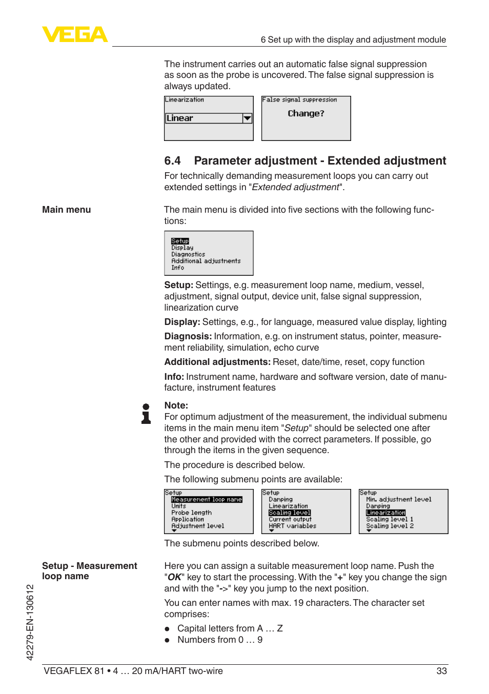 4 parameter adjustment - extended adjustment | VEGA VEGAFLEX 81 4 … 20 mA_HART two-wire Coax probe User Manual | Page 33 / 92