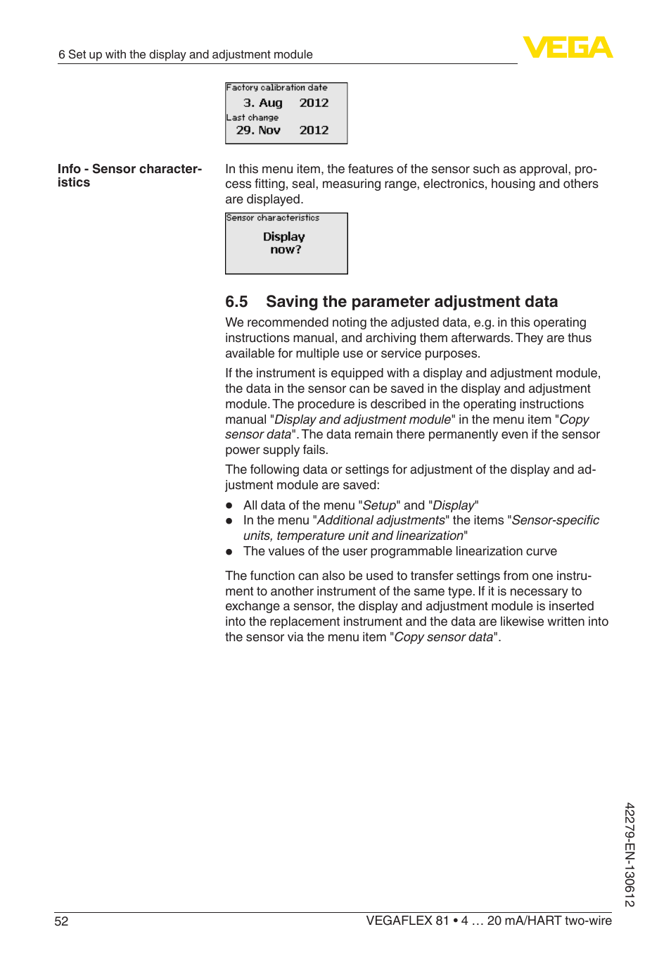 5 saving the parameter adjustment data | VEGA VEGAFLEX 81 4 … 20 mA_HART two-wire Coax probe User Manual | Page 52 / 92