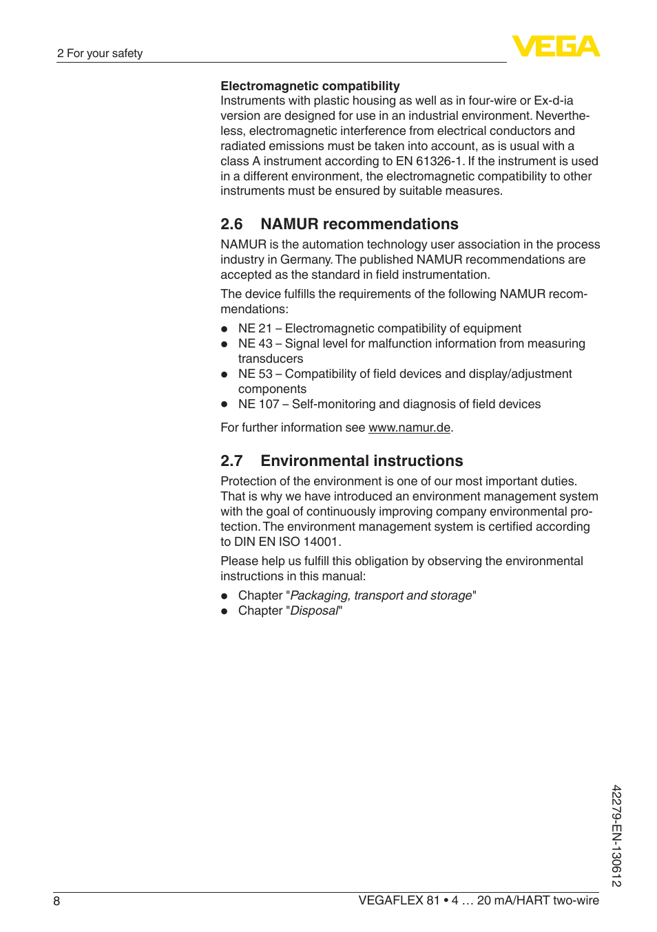 6 namur recommendations, 7 environmental instructions | VEGA VEGAFLEX 81 4 … 20 mA_HART two-wire Coax probe User Manual | Page 8 / 92