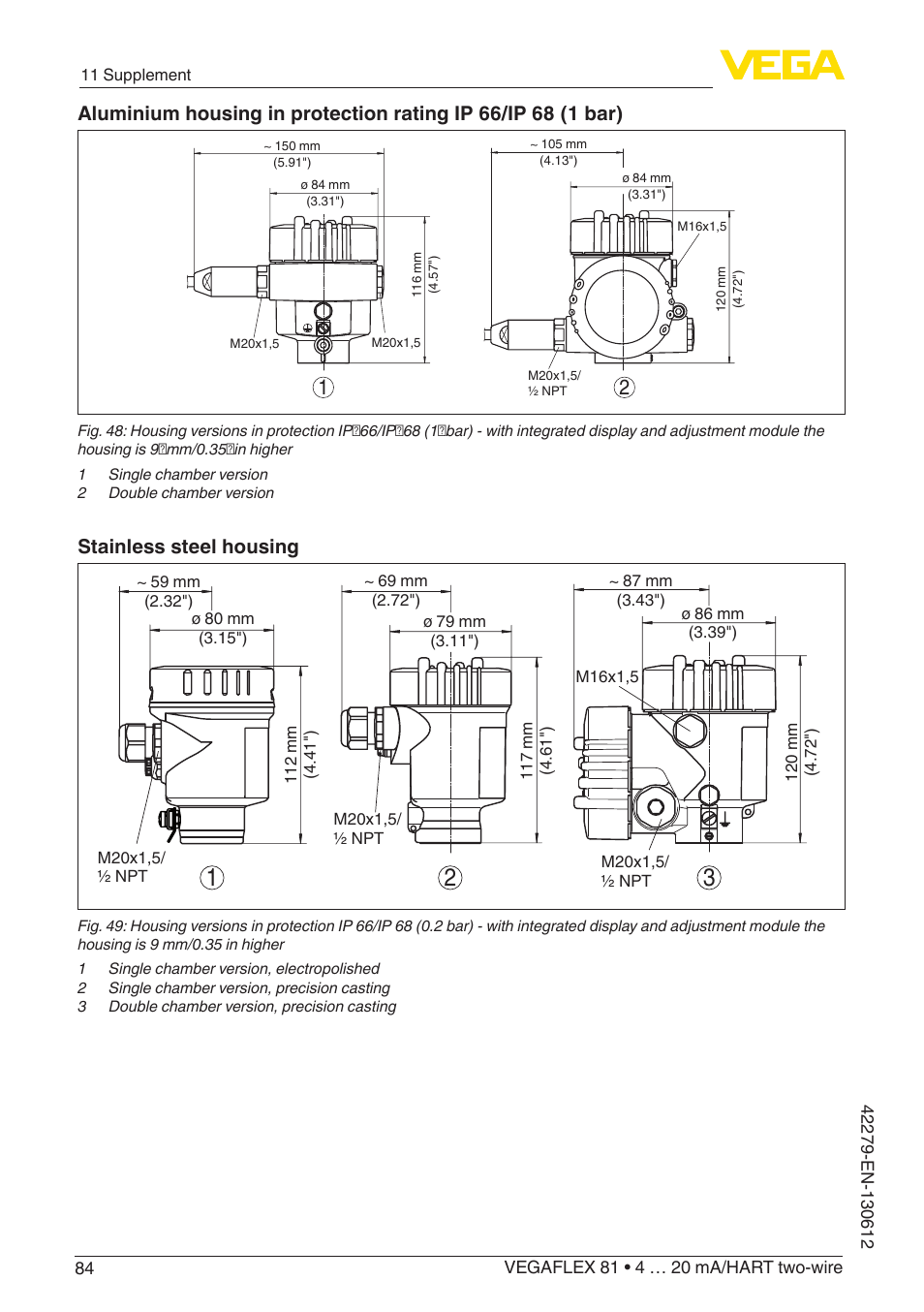 Stainless steel housing | VEGA VEGAFLEX 81 4 … 20 mA_HART two-wire Coax probe User Manual | Page 84 / 92