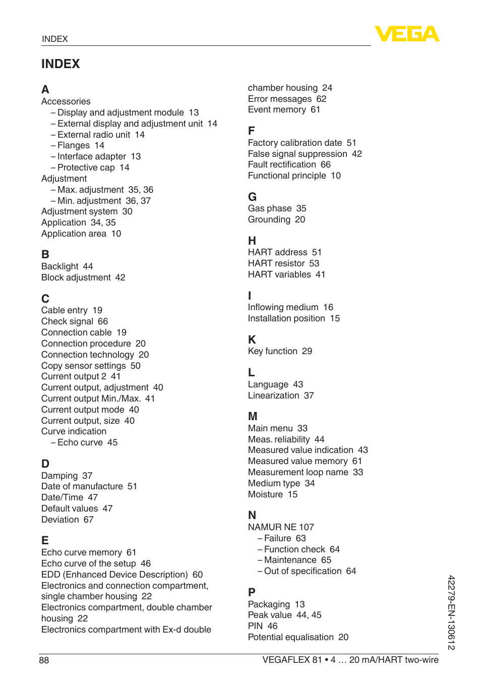 Index | VEGA VEGAFLEX 81 4 … 20 mA_HART two-wire Coax probe User Manual | Page 88 / 92