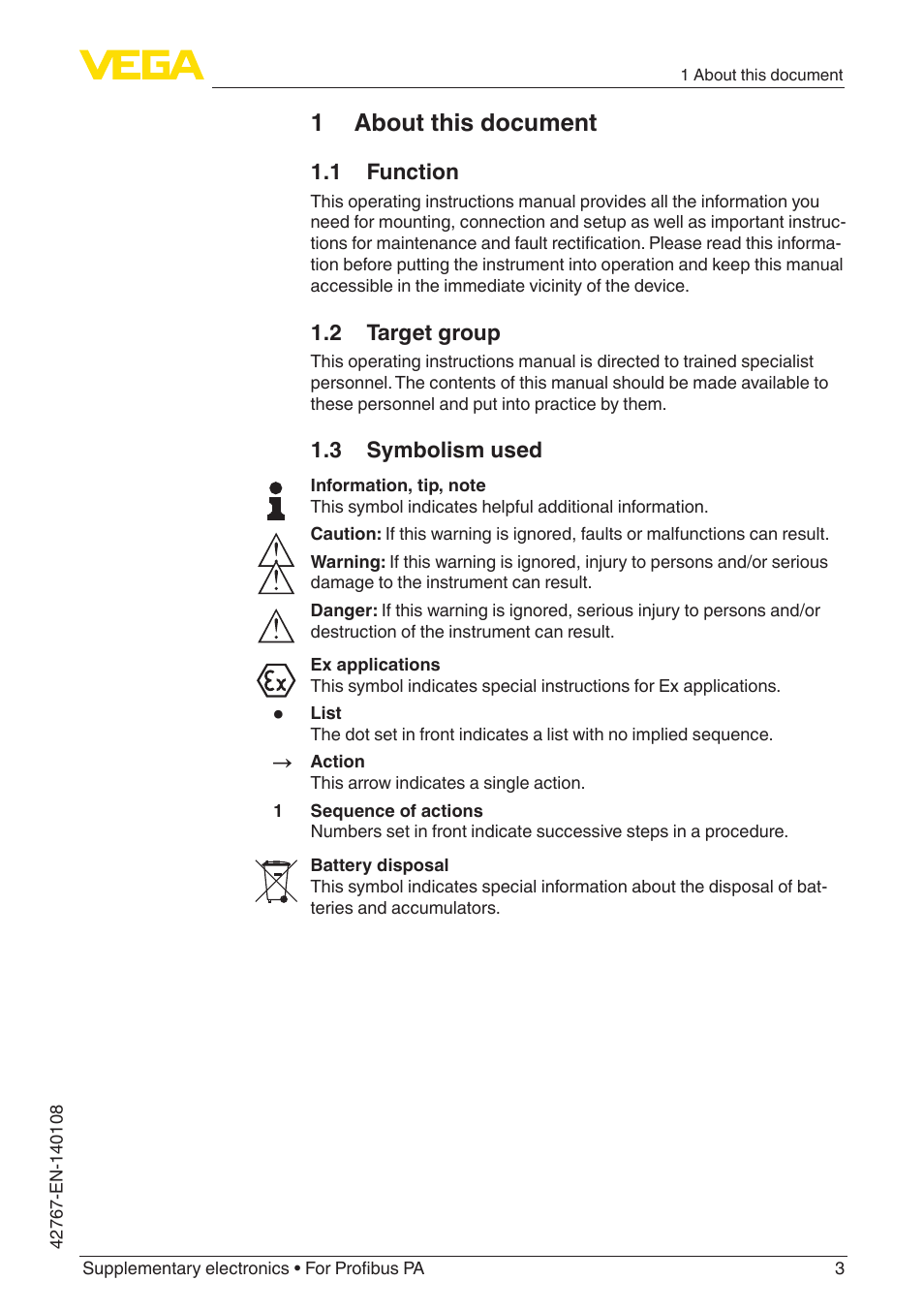 1 about this document, 1 function, 2 target group | 3 symbolism used | VEGA Supplementary electronics For Profibus PA User Manual | Page 3 / 12