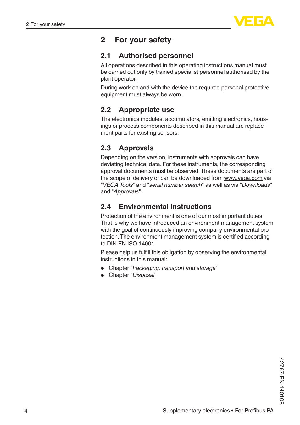 2 for your safety, 1 authorised personnel, 2 appropriate use | 3 approvals, 4 environmental instructions | VEGA Supplementary electronics For Profibus PA User Manual | Page 4 / 12