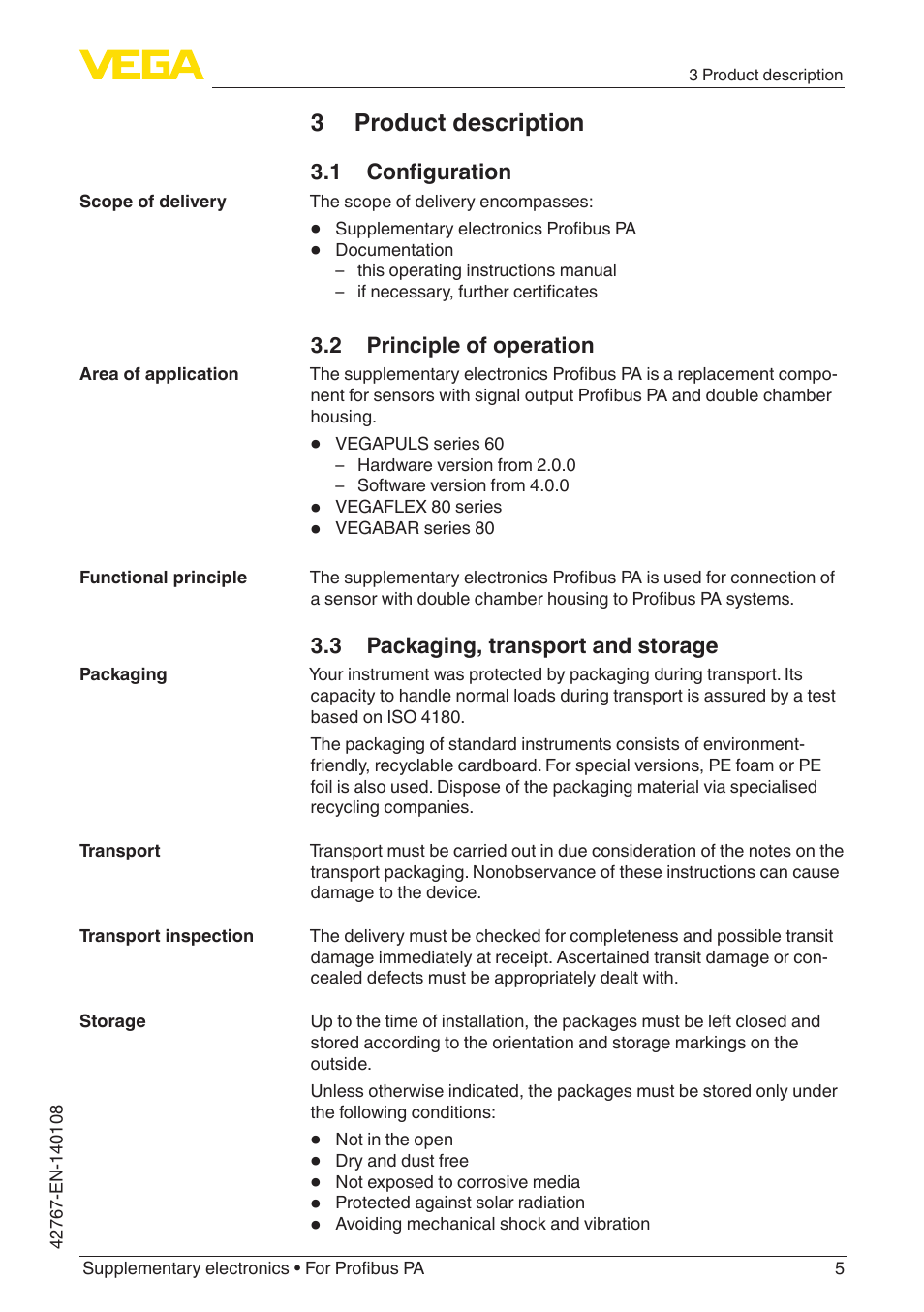 3 product description, 1 configuration, 2 principle of operation | 3 packaging, transport and storage | VEGA Supplementary electronics For Profibus PA User Manual | Page 5 / 12