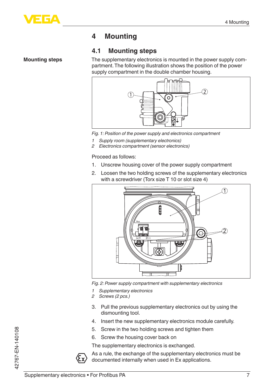 4 mounting, 1 mounting steps | VEGA Supplementary electronics For Profibus PA User Manual | Page 7 / 12