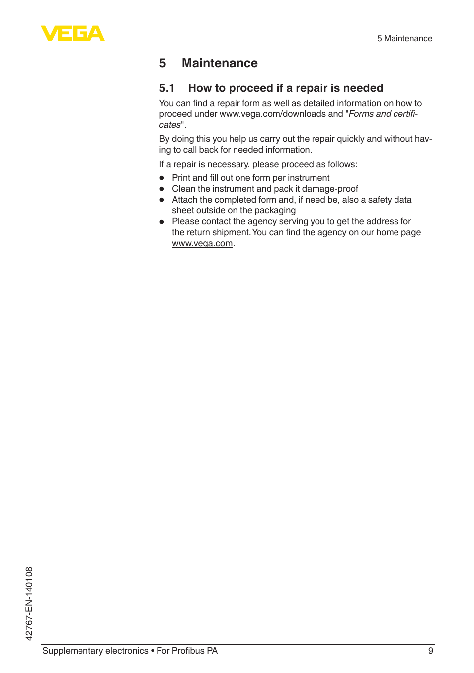 5 maintenance, 1 how to proceed if a repair is needed | VEGA Supplementary electronics For Profibus PA User Manual | Page 9 / 12