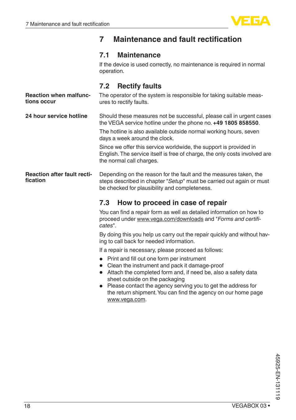7 maintenance and fault rectification, 1 maintenance, 2 rectify faults | 3 how to proceed in case of repair | VEGA VEGABOX 03 User Manual | Page 18 / 28