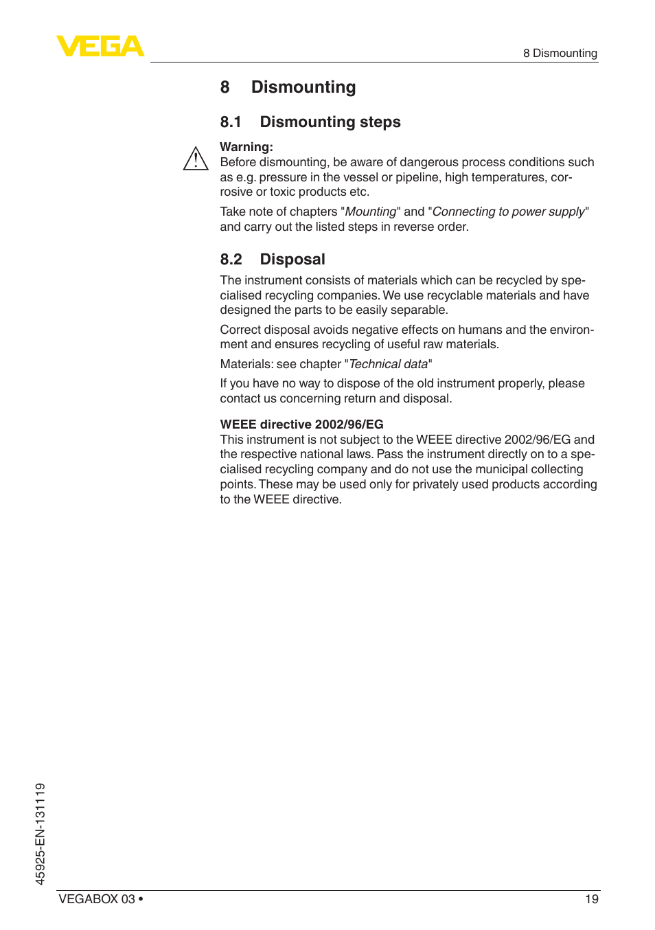 8 dismounting, 1 dismounting steps, 2 disposal | VEGA VEGABOX 03 User Manual | Page 19 / 28