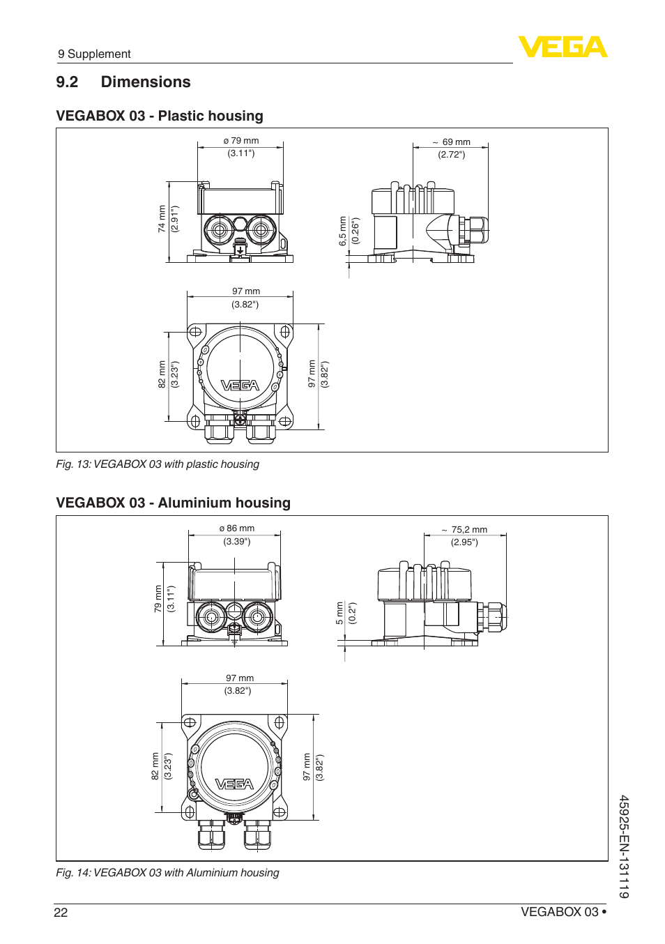 2 dimensions, Vegabox 03 - plastic housing, Vegabox 03 - aluminium housing | VEGA VEGABOX 03 User Manual | Page 22 / 28
