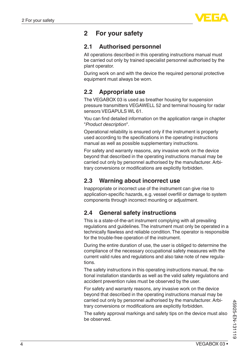 2 for your safety, 1 authorised personnel, 2 appropriate use | 3 warning about incorrect use, 4 general safety instructions | VEGA VEGABOX 03 User Manual | Page 4 / 28