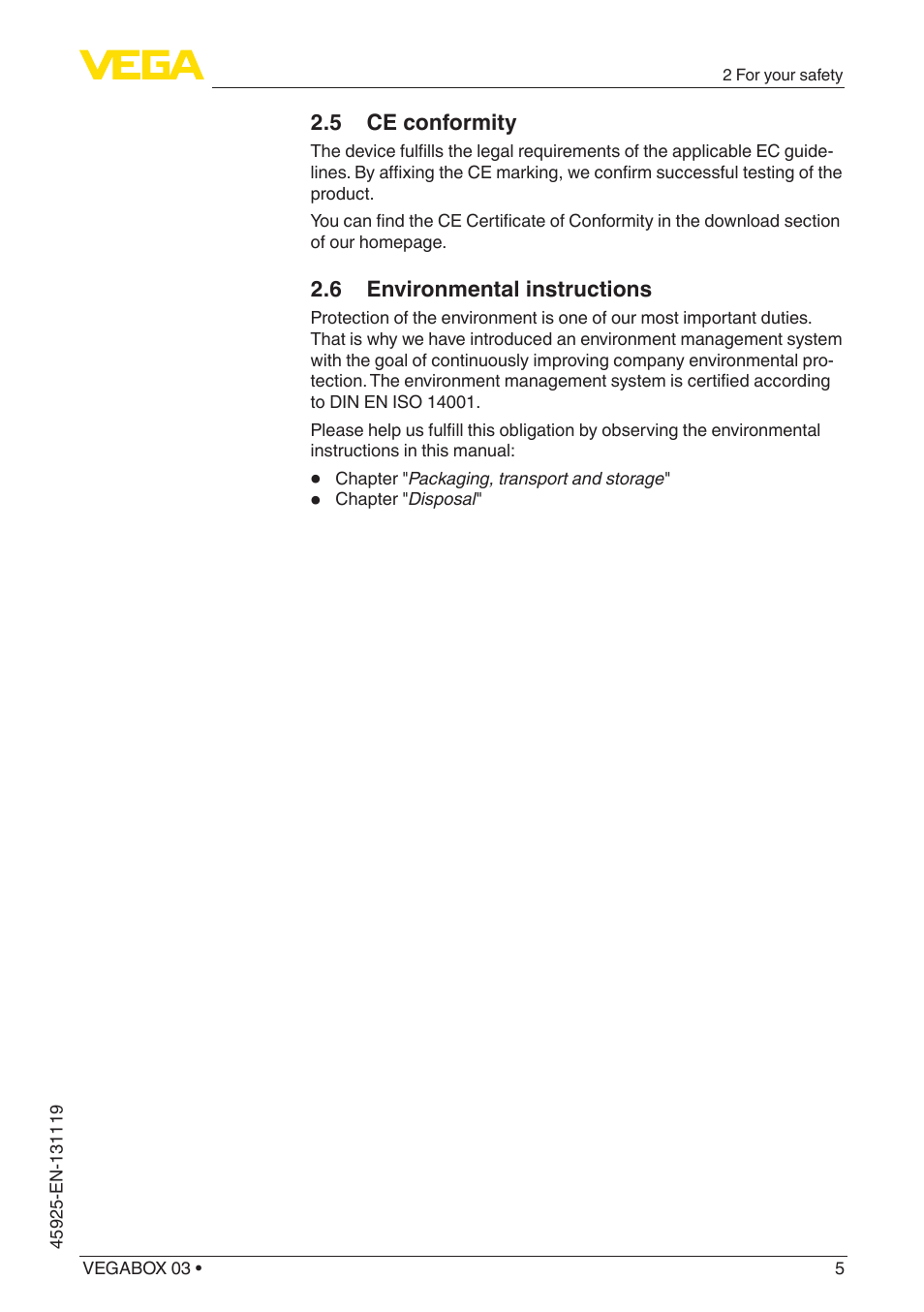 5 ce conformity, 6 environmental instructions | VEGA VEGABOX 03 User Manual | Page 5 / 28