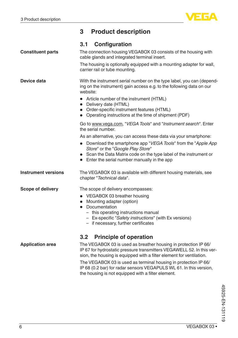 3 product description, 1 configuration, 2 principle of operation | VEGA VEGABOX 03 User Manual | Page 6 / 28