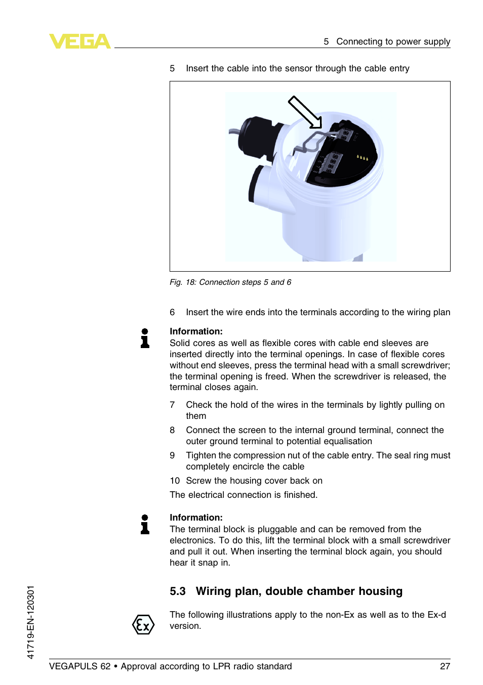 3 wiring plan, double chamber housing | VEGA VEGAPULS 62 (≥ 2.0.0 - ≥ 4.0.0) 4 … 20 mA_HART four-wire Approval according to LPR radio standard User Manual | Page 27 / 84