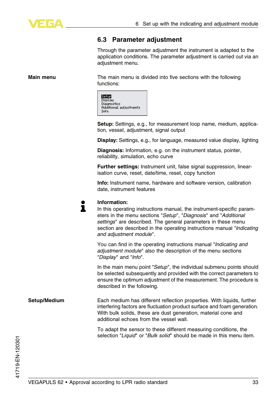 3 parameter adjustment | VEGA VEGAPULS 62 (≥ 2.0.0 - ≥ 4.0.0) 4 … 20 mA_HART four-wire Approval according to LPR radio standard User Manual | Page 33 / 84