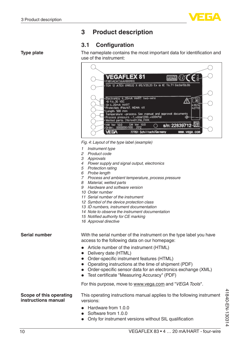 3 product description | VEGA VEGAFLEX 83 4 … 20 mA_HART - four-wire Polished version User Manual | Page 10 / 80