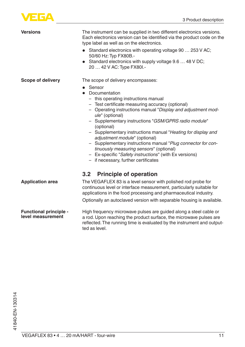 VEGA VEGAFLEX 83 4 … 20 mA_HART - four-wire Polished version User Manual | Page 11 / 80