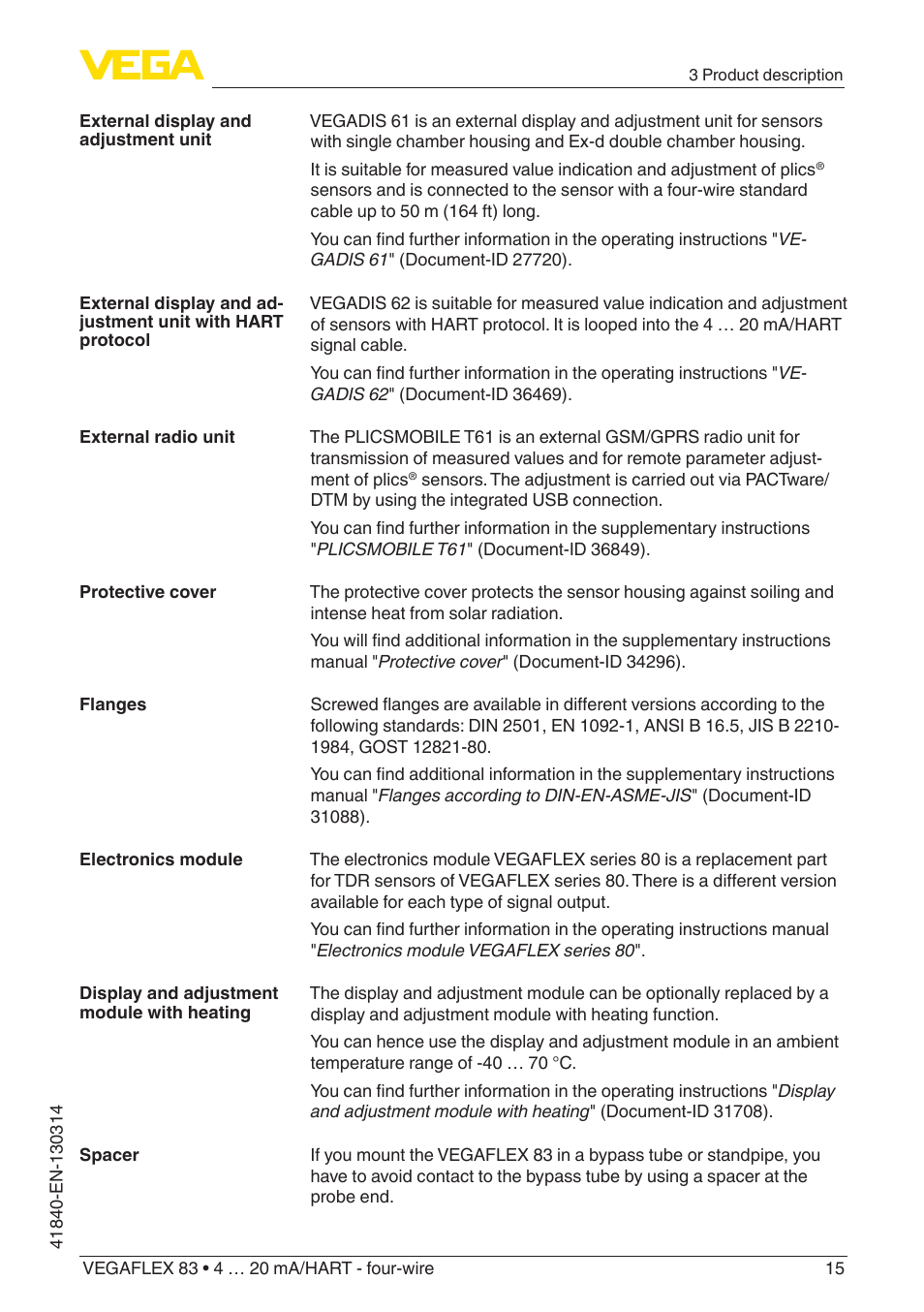 VEGA VEGAFLEX 83 4 … 20 mA_HART - four-wire Polished version User Manual | Page 15 / 80