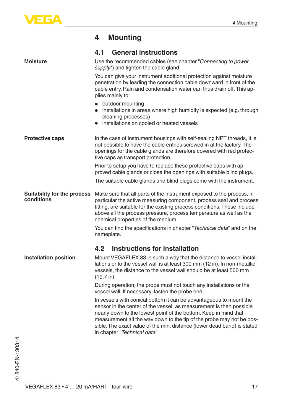 4 mounting | VEGA VEGAFLEX 83 4 … 20 mA_HART - four-wire Polished version User Manual | Page 17 / 80