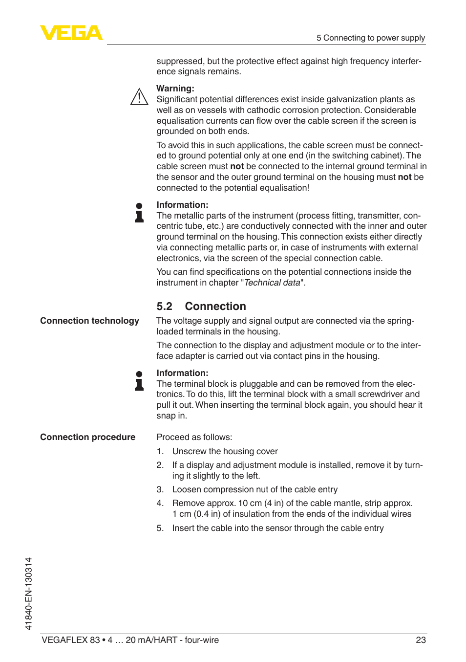 2 connection | VEGA VEGAFLEX 83 4 … 20 mA_HART - four-wire Polished version User Manual | Page 23 / 80