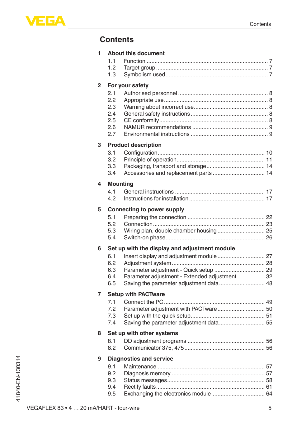 VEGA VEGAFLEX 83 4 … 20 mA_HART - four-wire Polished version User Manual | Page 5 / 80
