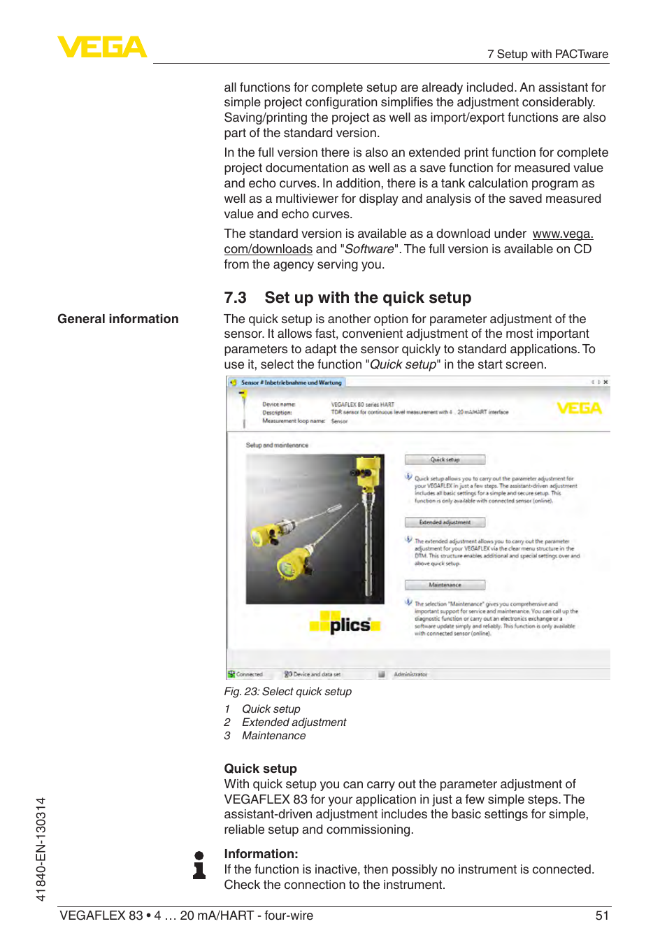 3 set up with the quick setup | VEGA VEGAFLEX 83 4 … 20 mA_HART - four-wire Polished version User Manual | Page 51 / 80
