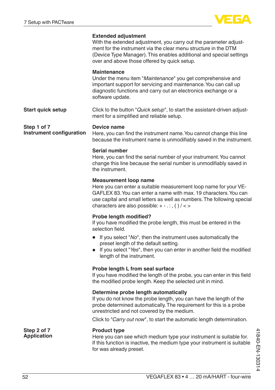 VEGA VEGAFLEX 83 4 … 20 mA_HART - four-wire Polished version User Manual | Page 52 / 80